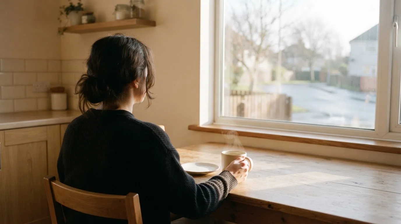 En person sitter vid köksbordet med en kopp kaffe och tittar ut genom fönstret i mjukt morgonljus.