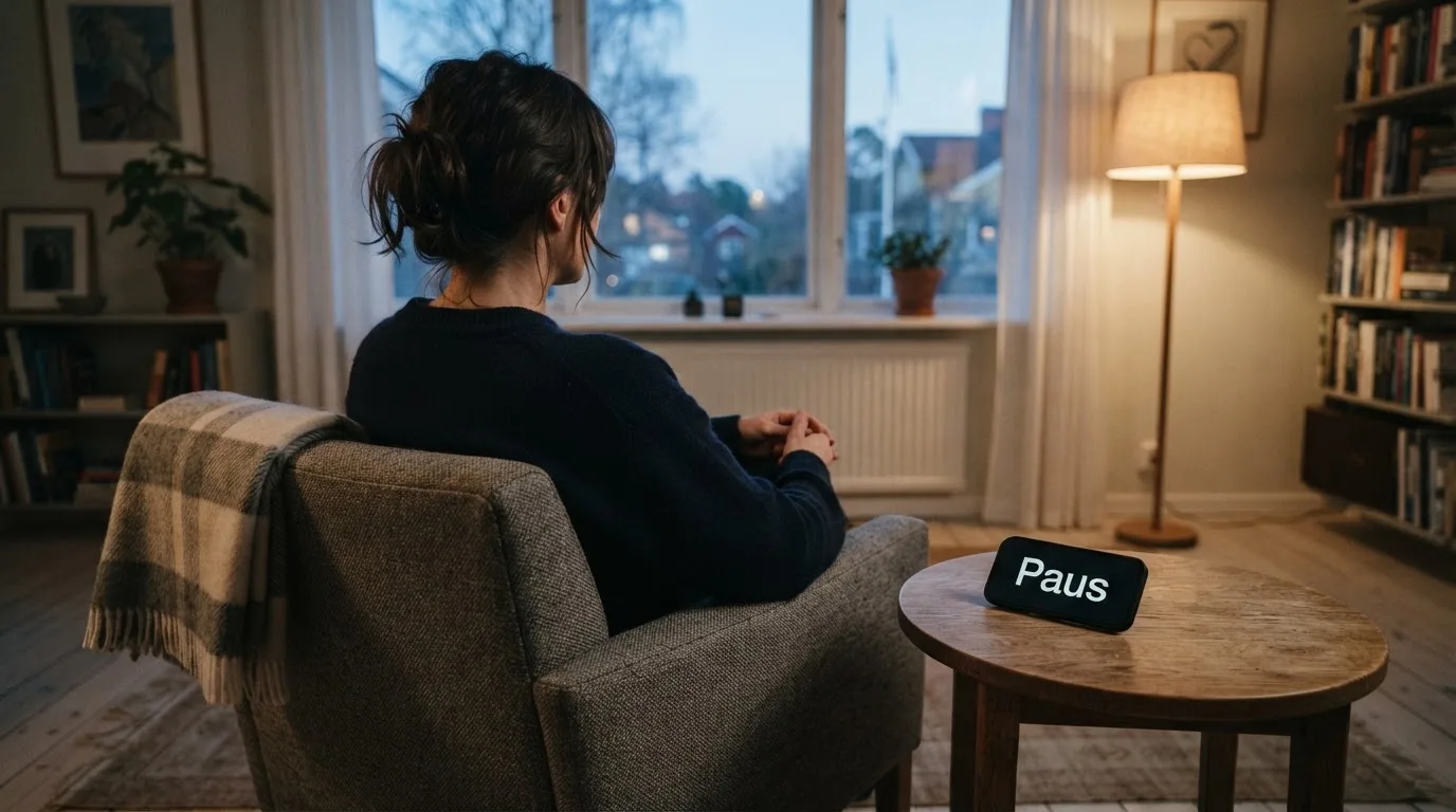 En person sitter ensam i en fåtölj med händerna knäppta och blicken riktad ut genom fönstret en lugn kväll.