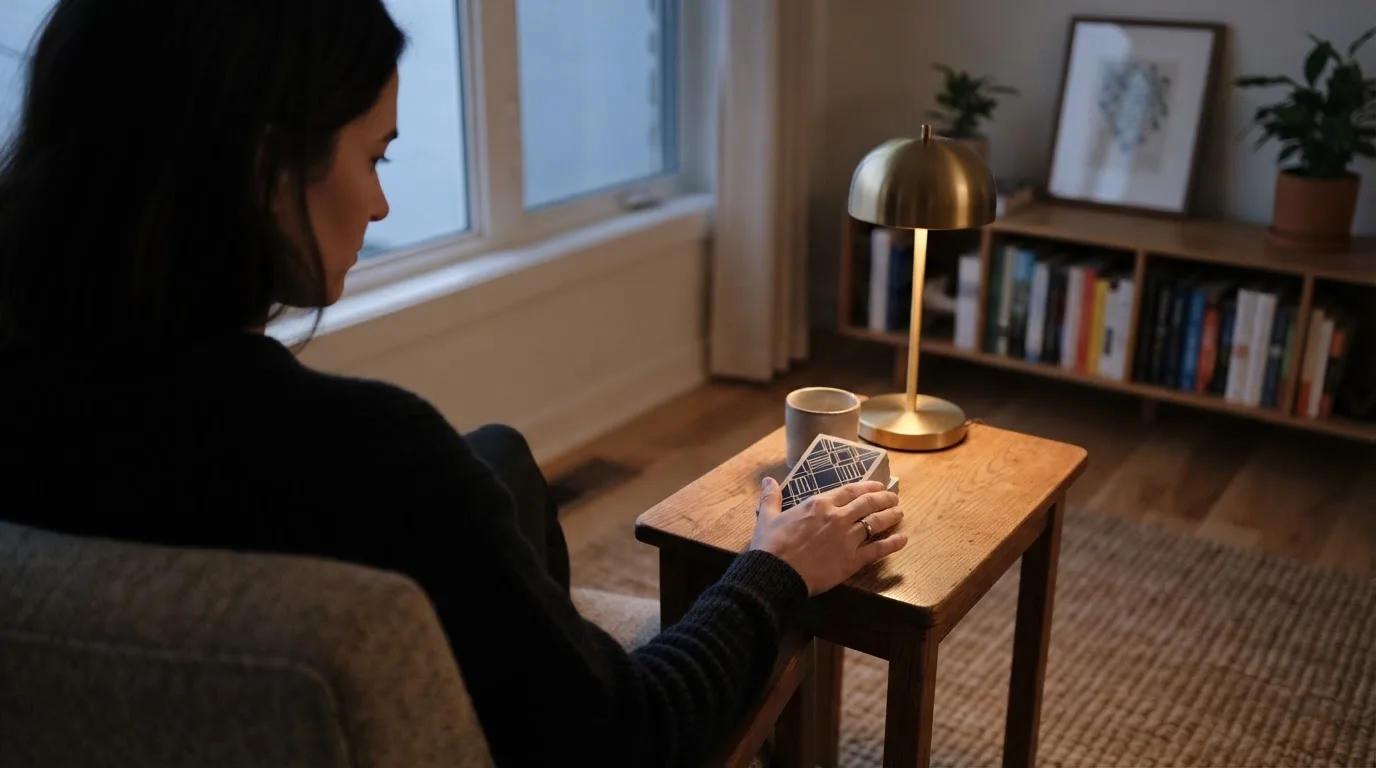 En person sitter hemma i en fåtölj och blandar en kortlek på ett litet bord, med mjukt kvällsljus genom fönstret i bakgrunden.