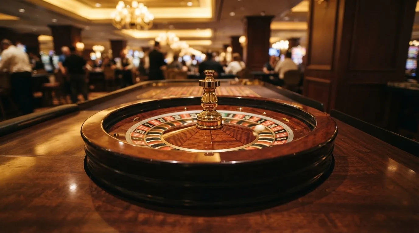 Ett roulettehjul snurrar på ett blankt träbord, den vita kulan glimmar i takljusets guld — spela spelautomater i sverige