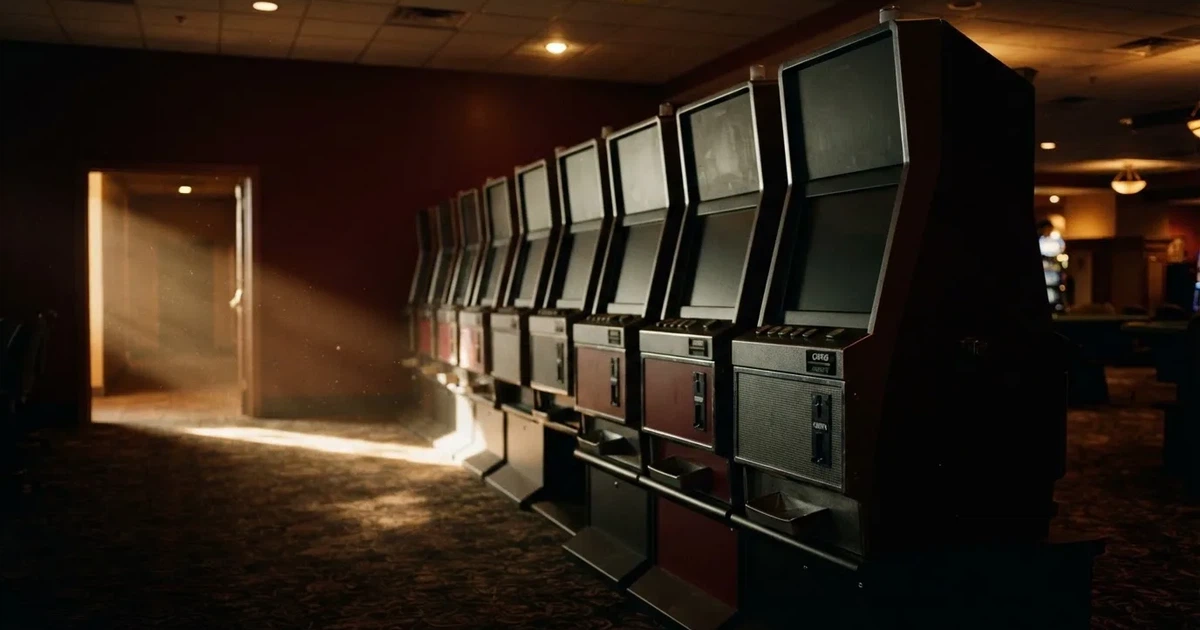 Rader av tomma spelautomater med släckta skärmar står uppställda i ett dimmat rum, fotograferat snett från sidan.