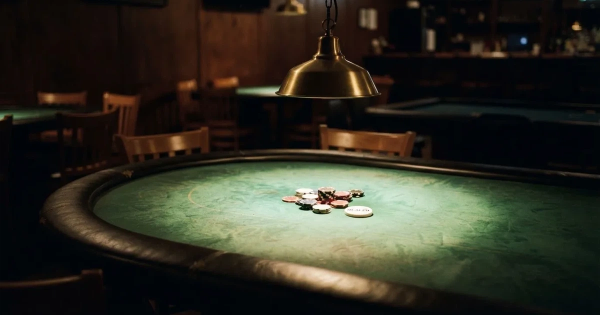 Ett ovalt pokerbord under en lågt hängande lampa, med spelmarker och en vit bricka i ljuset — spelautomater på nätet