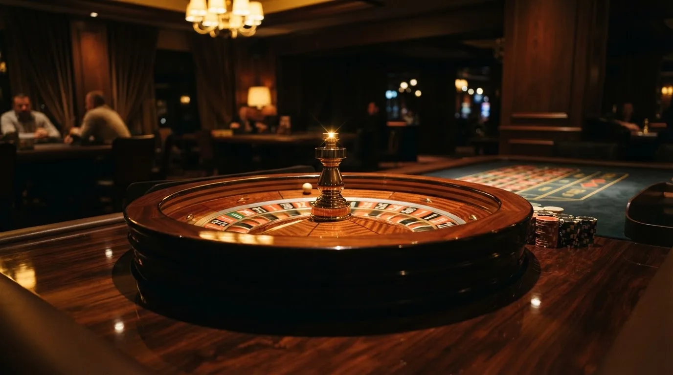 Ett roulettehjul snurrar på ett blankt träbord, den vita kulan glimmar i takljusets guld — svenska casino betala med telefon