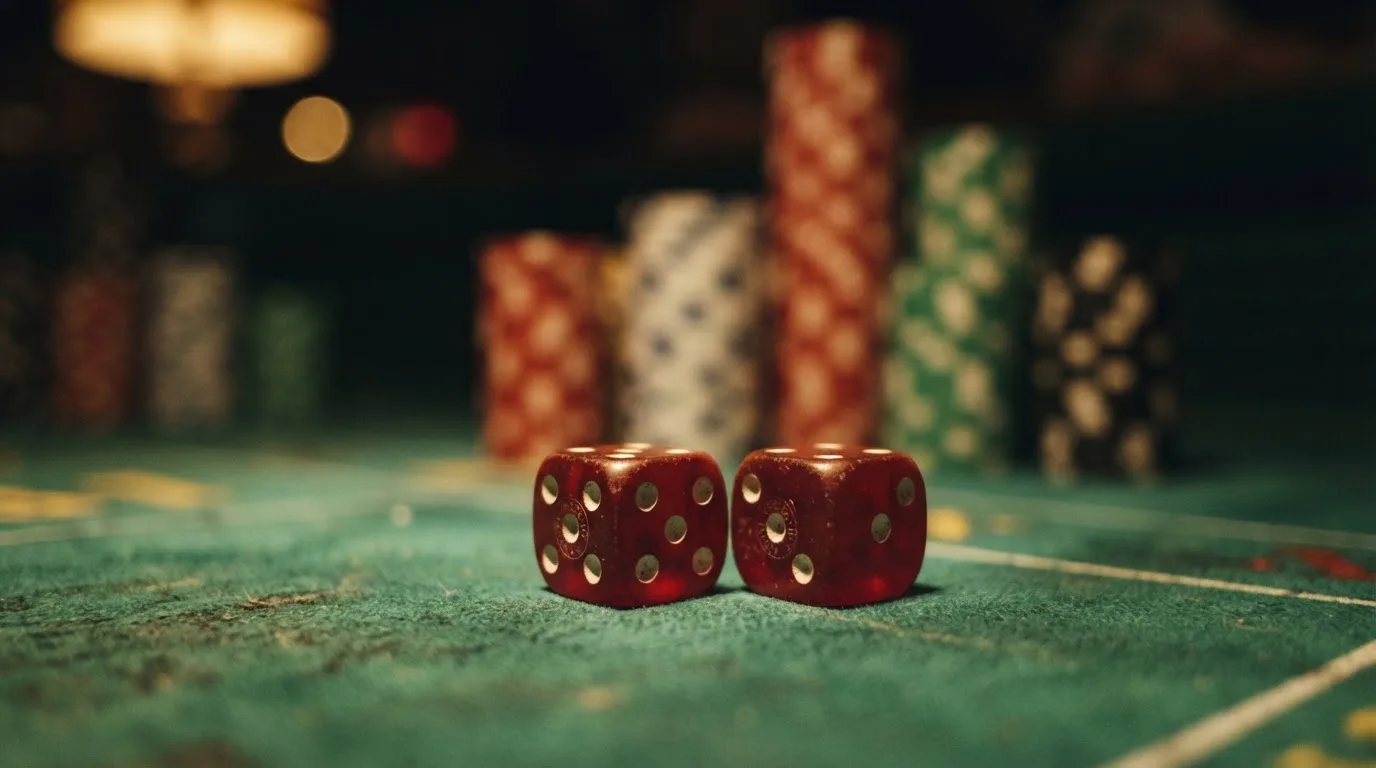 Röda tärningar vilar på grönt filt, bakom dem suddiga torn av spelmarker i kvällsdunklet — svenska casinon för high rollers