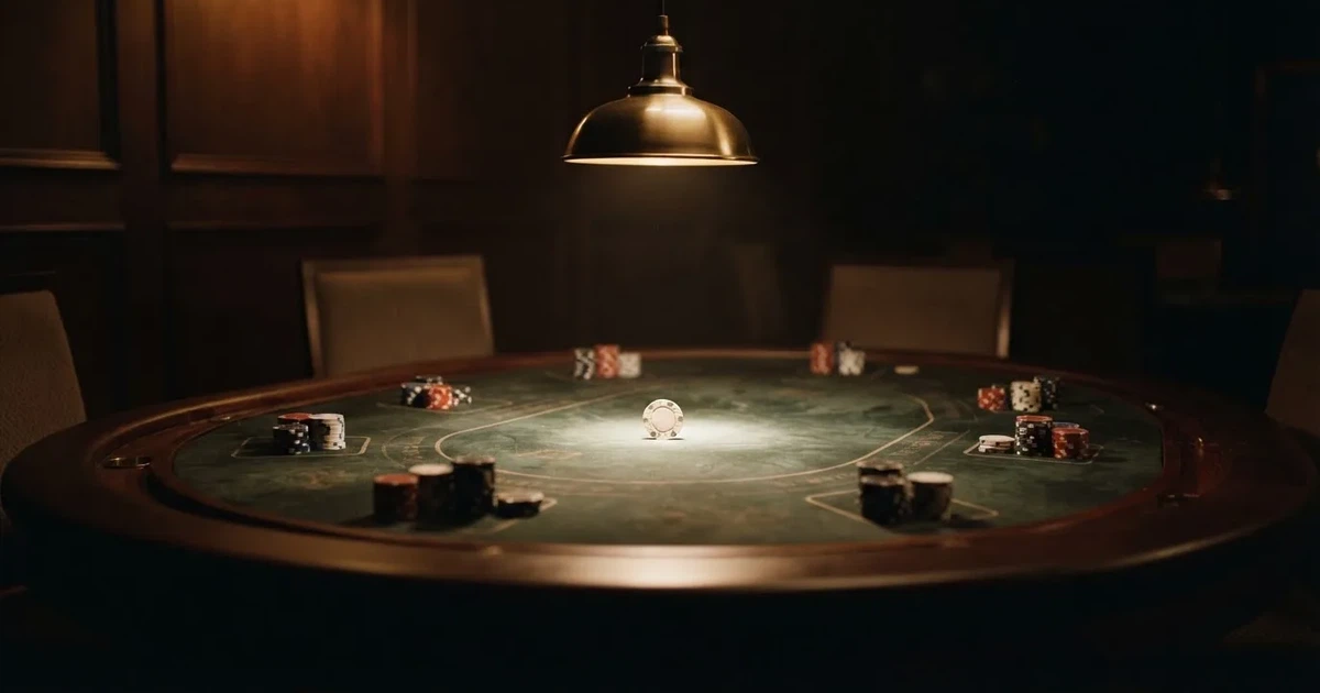Ett ovalt pokerbord under en lågt hängande lampa, med spelmarker och en vit bricka i ljuset — svenska casinon för high rollers