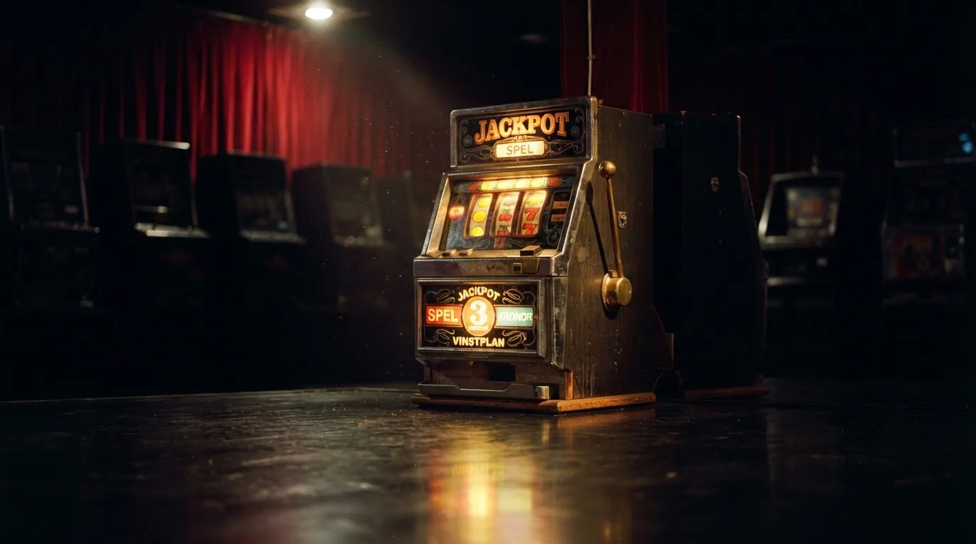 En gammal spelautomat lyser i den dunkla hallen och speglar sig i golvet — svenska casinon för storspelare