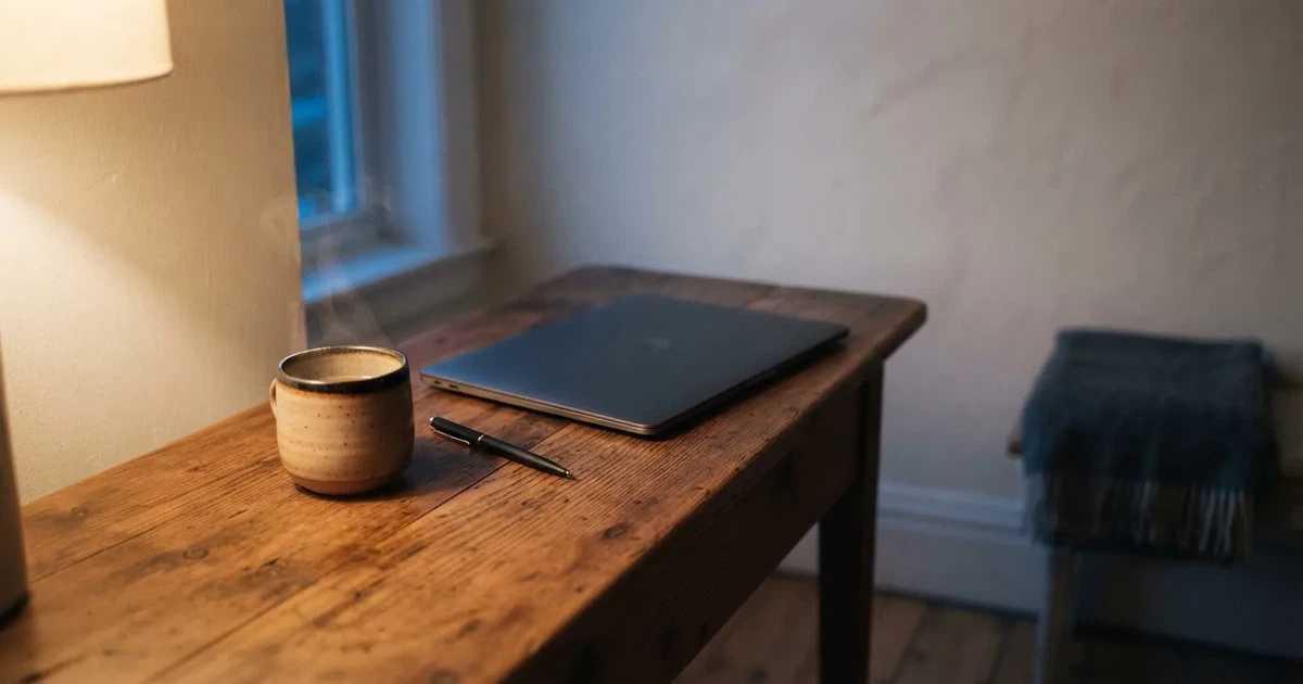 Kaffekopp och penna på ett smalt hallbord i skymning, en stängd bärbar dator vid sidan — svenska casinon med astropay