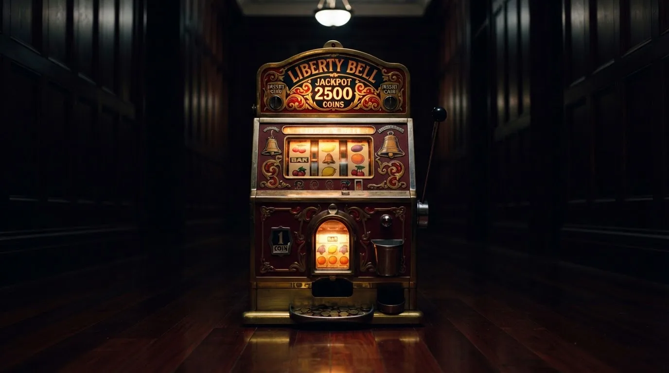 En gammal spelautomat lyser i den dunkla hallen och speglar sig i golvet — svenska casinon med banköverföring
