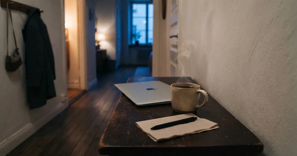 Kaffekopp och penna på ett smalt hallbord i skymning, en stängd bärbar dator vid sidan — svenska casinon med banköverföring
