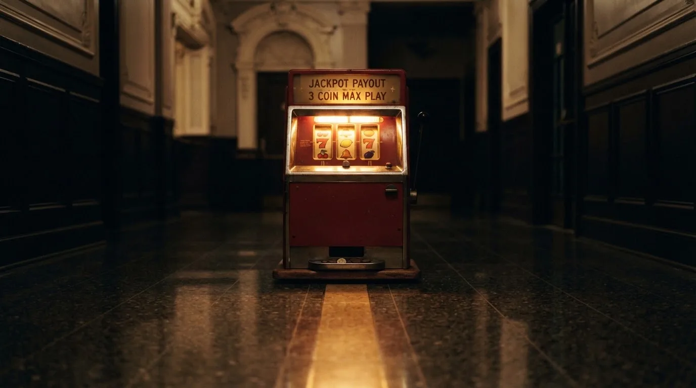 En gammal spelautomat lyser i den dunkla hallen och speglar sig i golvet — svenska casinon med bitcoin