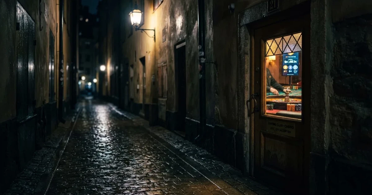 En mörk sidogränd efter regn, vått kullersten speglar ett enda gult gatlyktsljus — svenska casinon med bitcoin