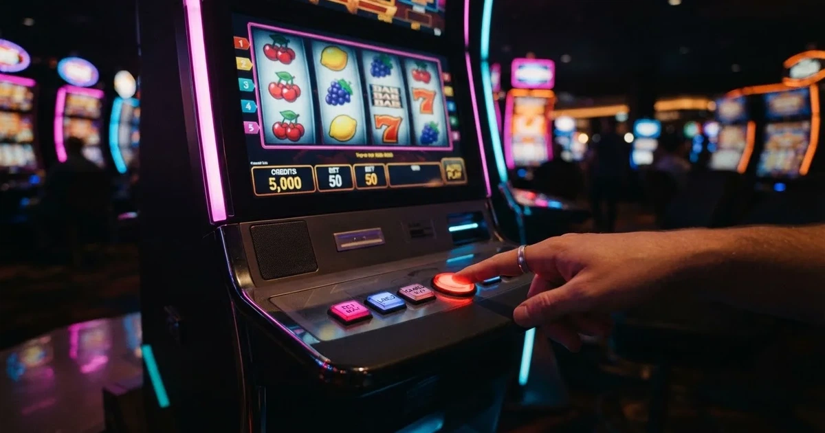 Ett finger trycker på spelautomatens klarröda knapp i dunklet, neonljus lyser runt omkring — svenska casinon med bonus