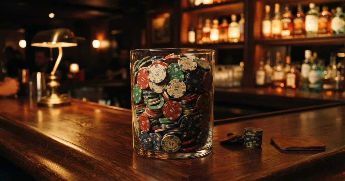 En glasskål full av färgglada spelmarker på en bardisk, flaskor glöder bakom i bärnstensfärg — svenska casinon med bonuskoder