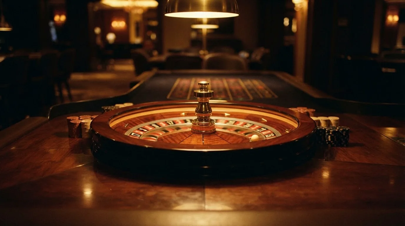 Ett roulettehjul snurrar på ett blankt träbord, den vita kulan glimmar i takljusets guld — svenska casinon med brite