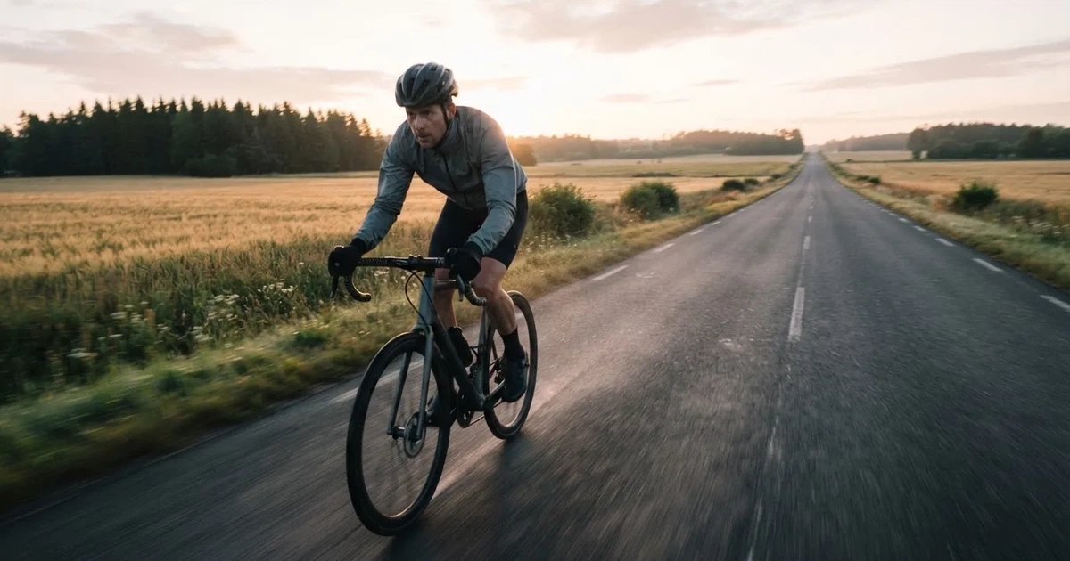 En cyklist susar längs en landsväg vid soluppgång, farten gör åkrarna suddiga i bakgrunden — svenska casinon med brite