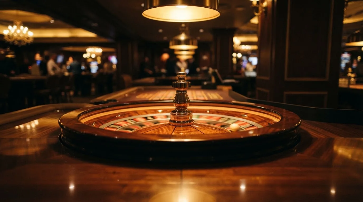 Ett roulettehjul snurrar på ett blankt träbord, den vita kulan glimmar i takljusets guld — svenska casinon med dogecoin