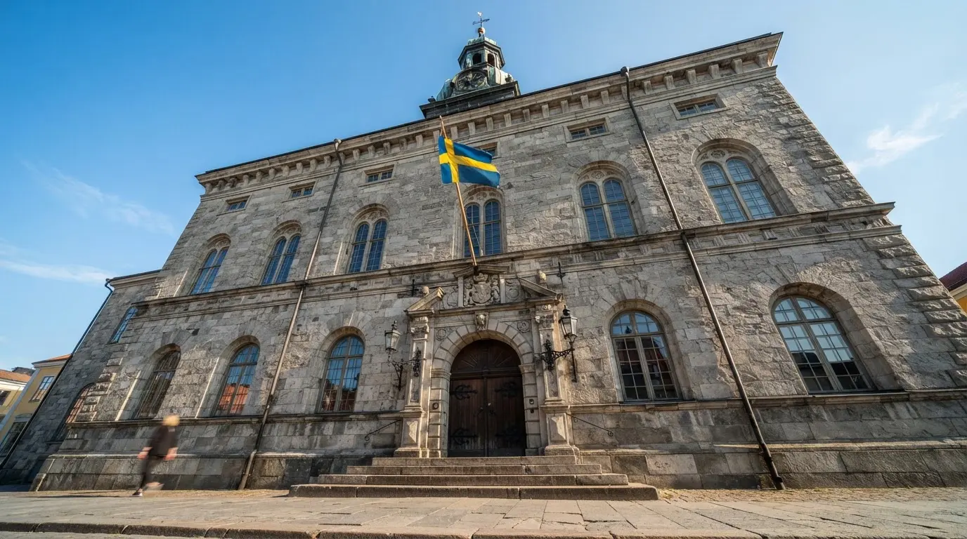 Ett gammalt stadshus i sten fotograferat underifrån mot en klarblå himmel, med den svenska flaggan som fladdrar ovanför entrén.