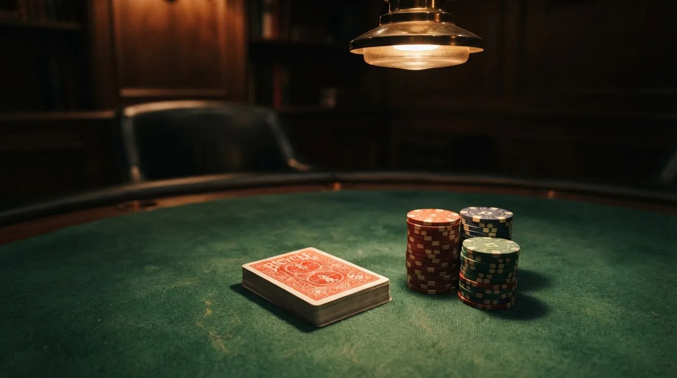 Kortlek och staplar av spelmarker på ett grönt filtbord i en dunkel salong, varmt lampsken — svenska casinon med faktura