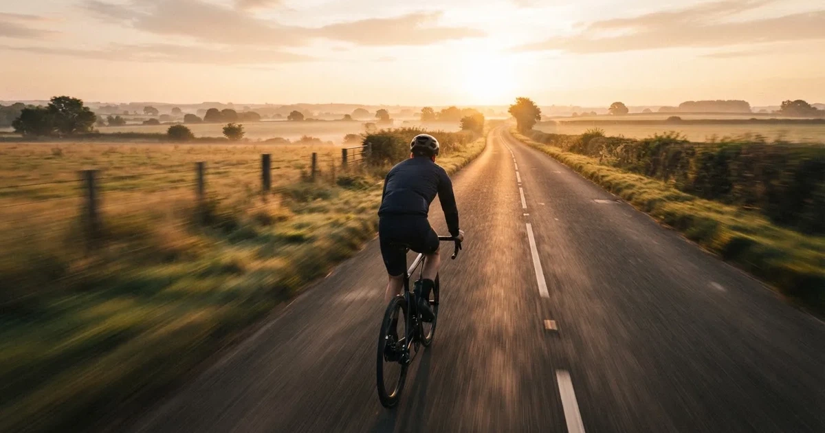 En cyklist susar längs en landsväg vid soluppgång, farten gör åkrarna suddiga i bakgrunden — svenska casinon med faktura