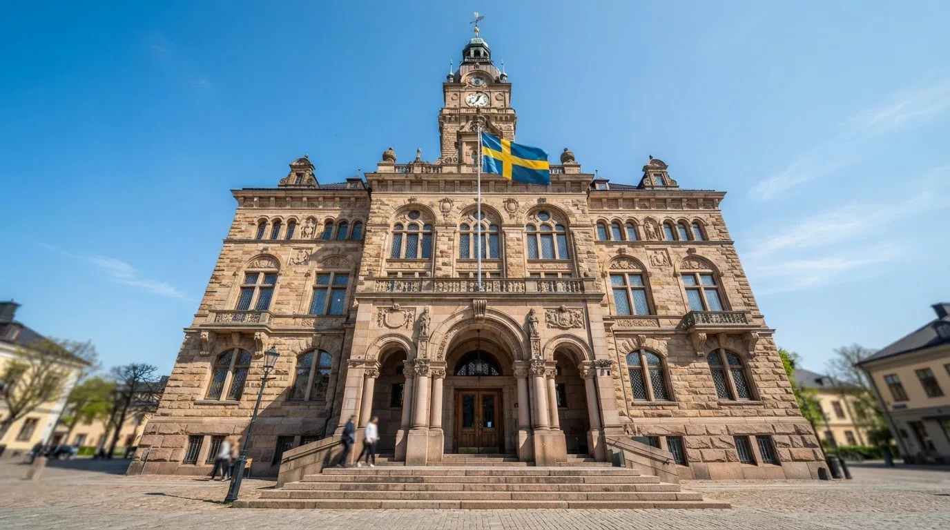 Ett gammalt stadshus i sten fotograferat underifrån mot en klarblå himmel, med den svenska flaggan som fladdrar ovanför entrén.
