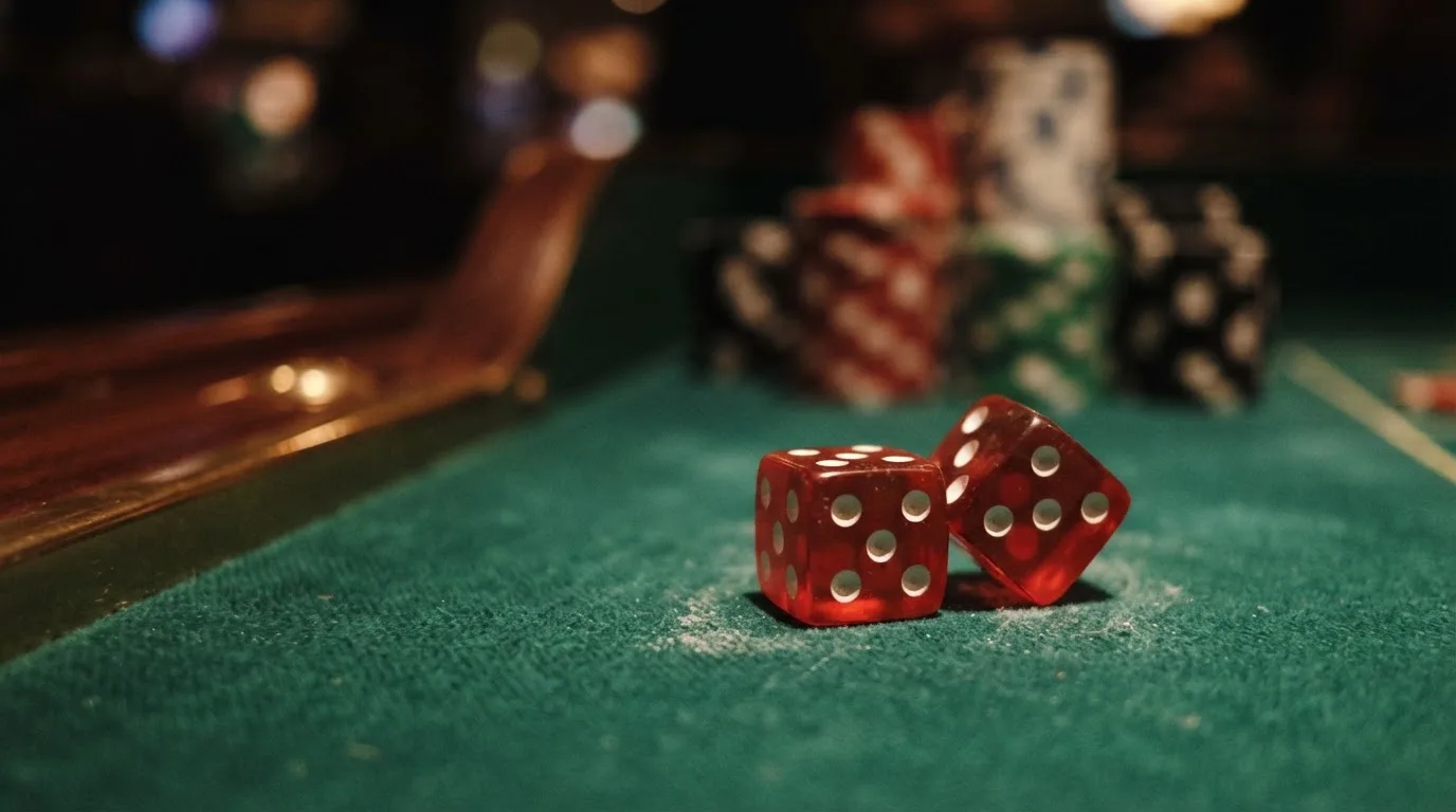 Röda tärningar vilar på grönt filt, bakom dem suddiga torn av spelmarker i kvällsdunklet — svenska casinon med google pay
