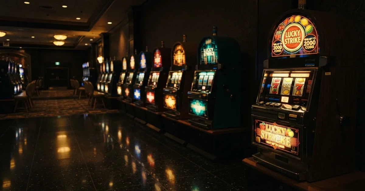 En rad spelskåp i en dunkel hall, rullarna lyser i olika färger och golvet speglar dem — svenska casinon med högst rtp