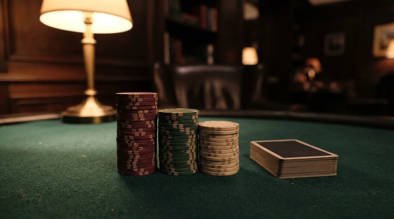 Kortlek och staplar av spelmarker på ett grönt filtbord i en dunkel salong, varmt lampsken — svenska casinon med jeton