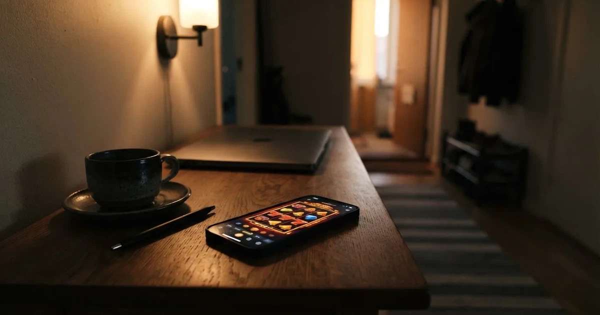 Kaffekopp och penna på ett smalt hallbord i skymning, en stängd bärbar dator vid sidan — svenska casinon med jeton