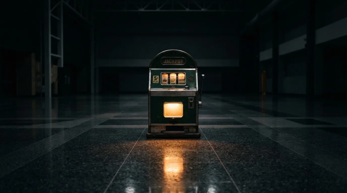 En gammal spelautomat lyser i den dunkla hallen och speglar sig i golvet — svenska casinon med keno