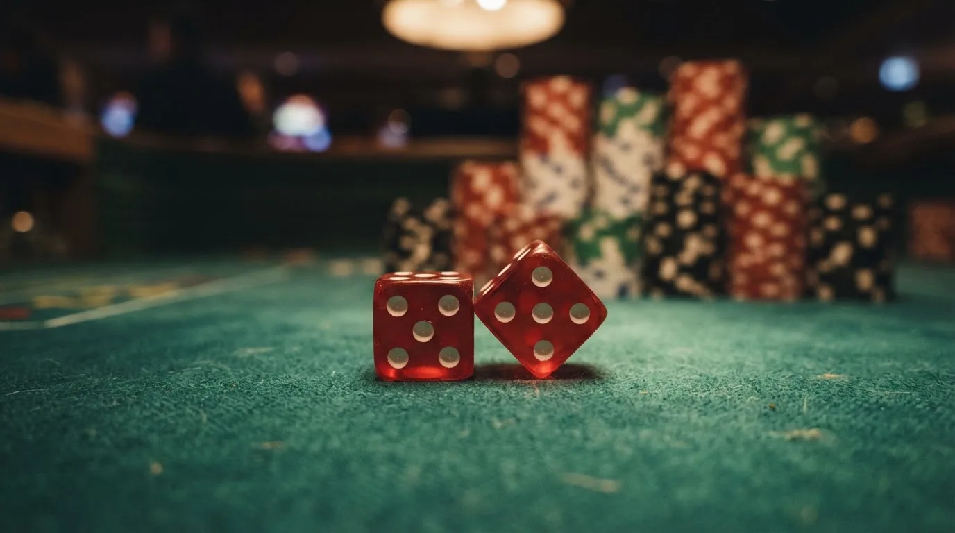 Röda tärningar vilar på grönt filt, bakom dem suddiga torn av spelmarker i kvällsdunklet — svenska casinon med klarna