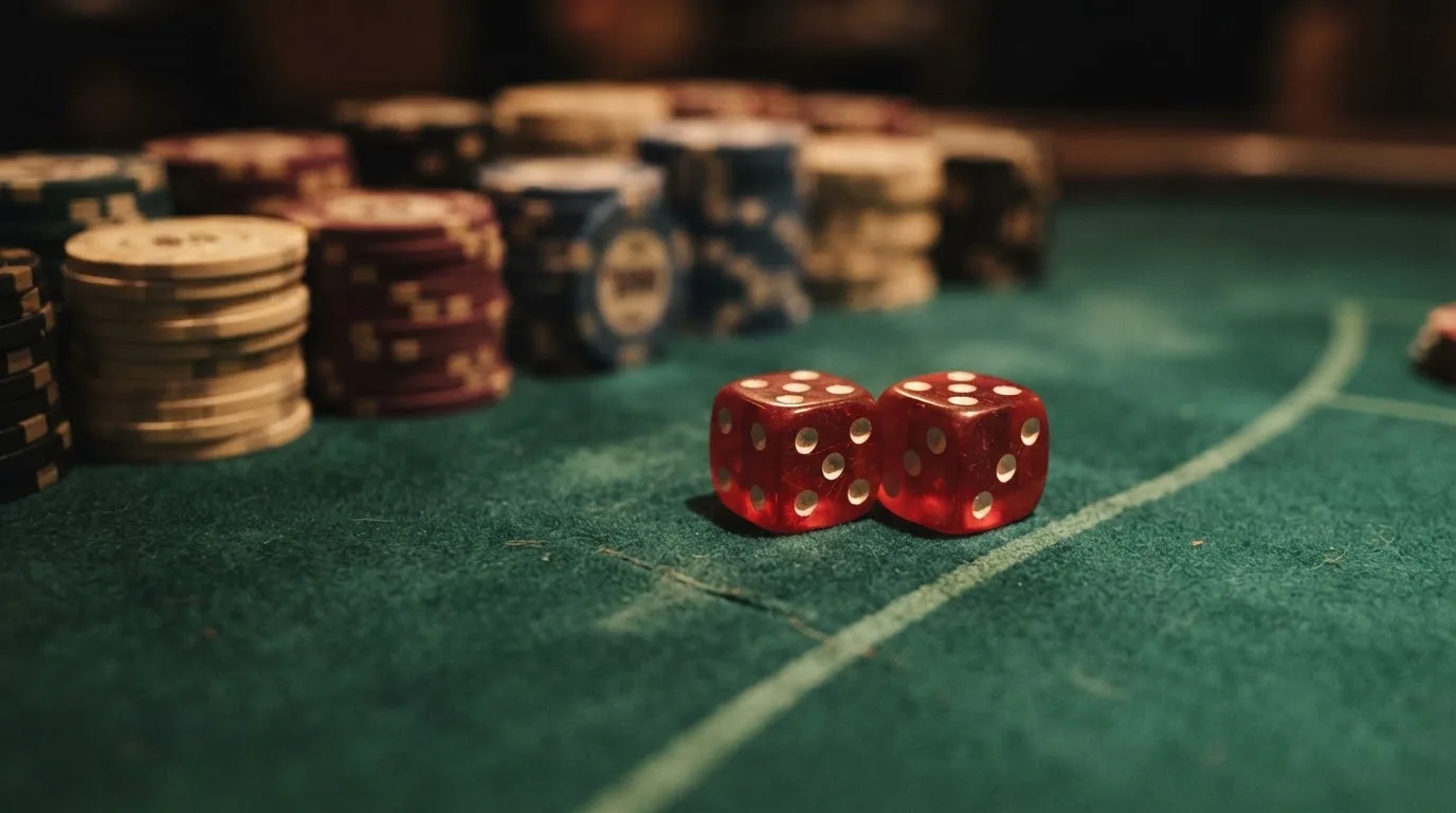 Röda tärningar vilar på grönt filt, bakom dem suddiga torn av spelmarker i kvällsdunklet — svenska casinon med litecoin