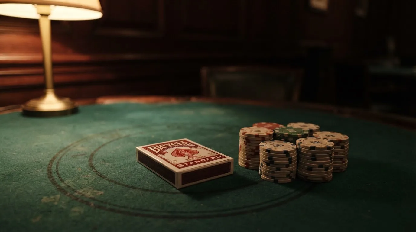 Kortlek och staplar av spelmarker på ett grönt filtbord i en dunkel salong, varmt lampsken — svenska casinon med mastercard