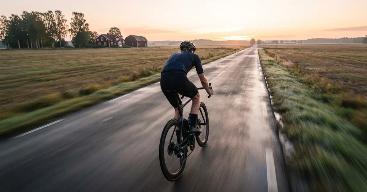 En cyklist susar längs en landsväg vid soluppgång, farten gör åkrarna suddiga i bakgrunden — svenska casinon med mastercard