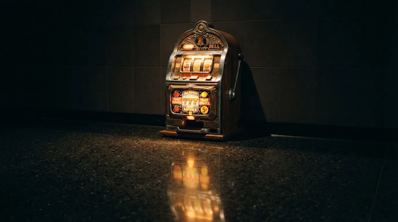 En gammal spelautomat lyser i den dunkla hallen och speglar sig i golvet — svenska casinon med mga licens