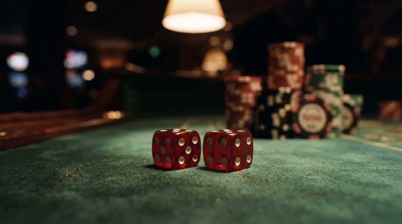 Röda tärningar vilar på grönt filt, bakom dem suddiga torn av spelmarker i kvällsdunklet — svenska casinon med neosurf
