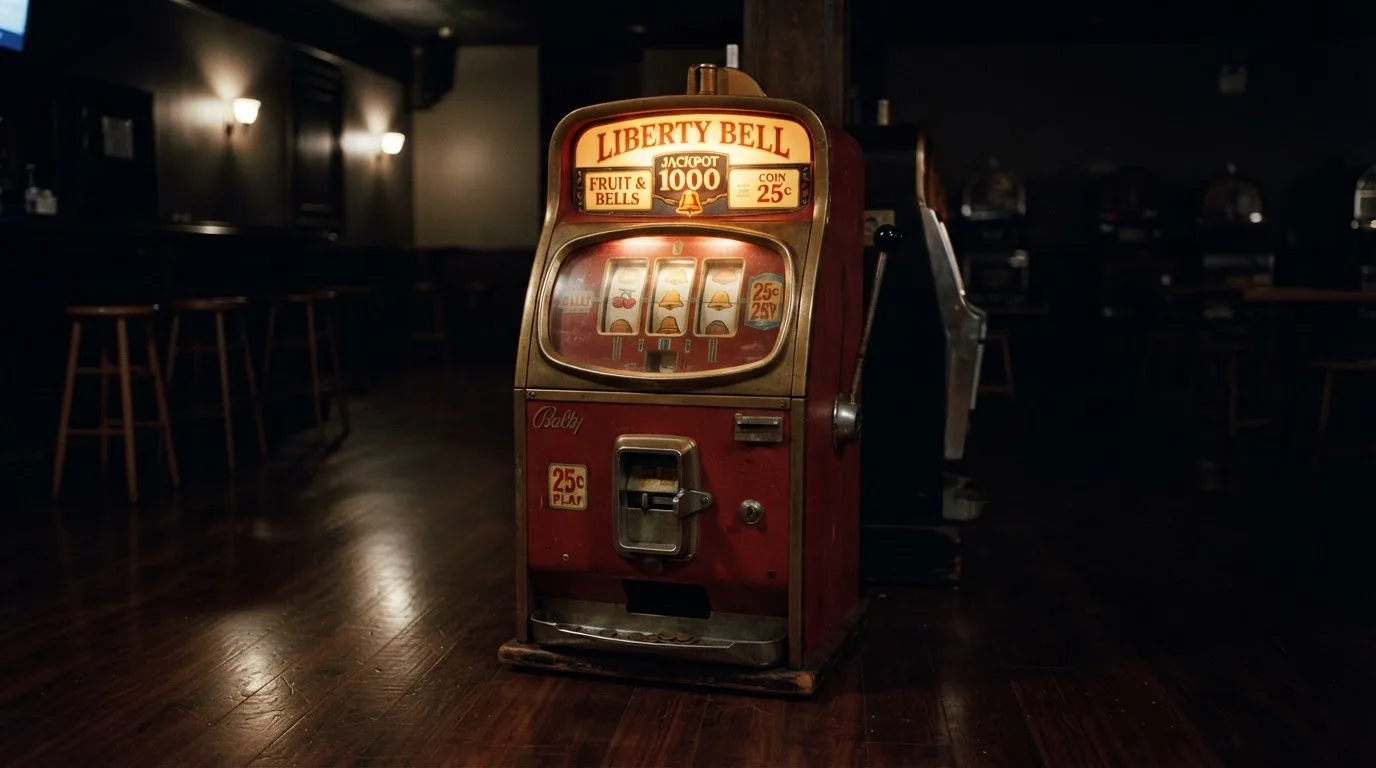 En gammal spelautomat lyser i den dunkla hallen och speglar sig i golvet — svenska casinon med neteller