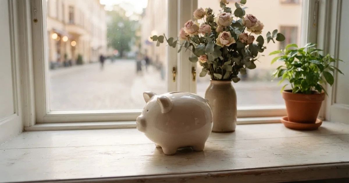 En porslinsgris på fönsterbrädan i morgonljus, bredvid en torkad blombukett och en grön växt — svenska casinon med neteller