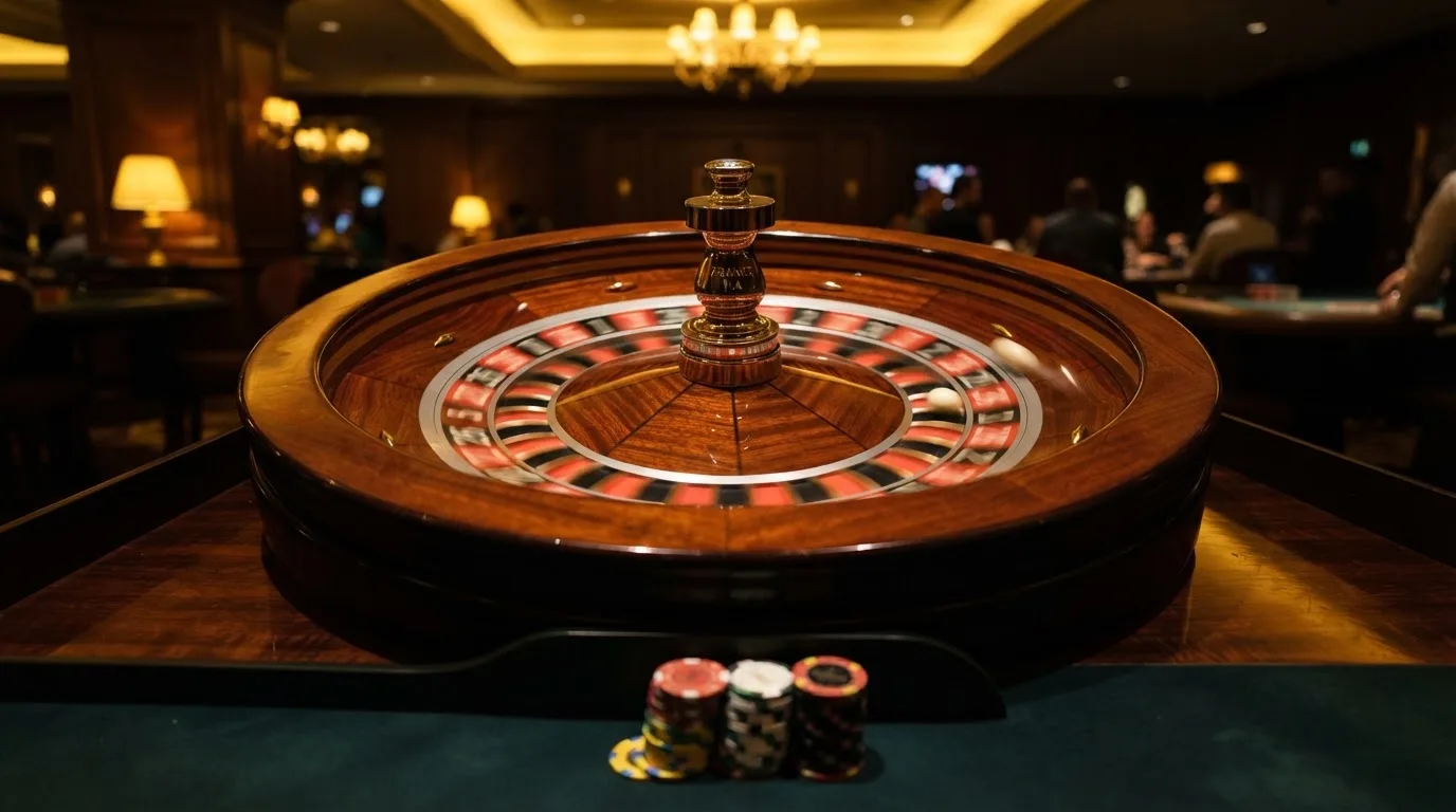 Ett roulettehjul snurrar på ett blankt träbord, den vita kulan glimmar i takljusets guld — svenska casinon med paysafecard