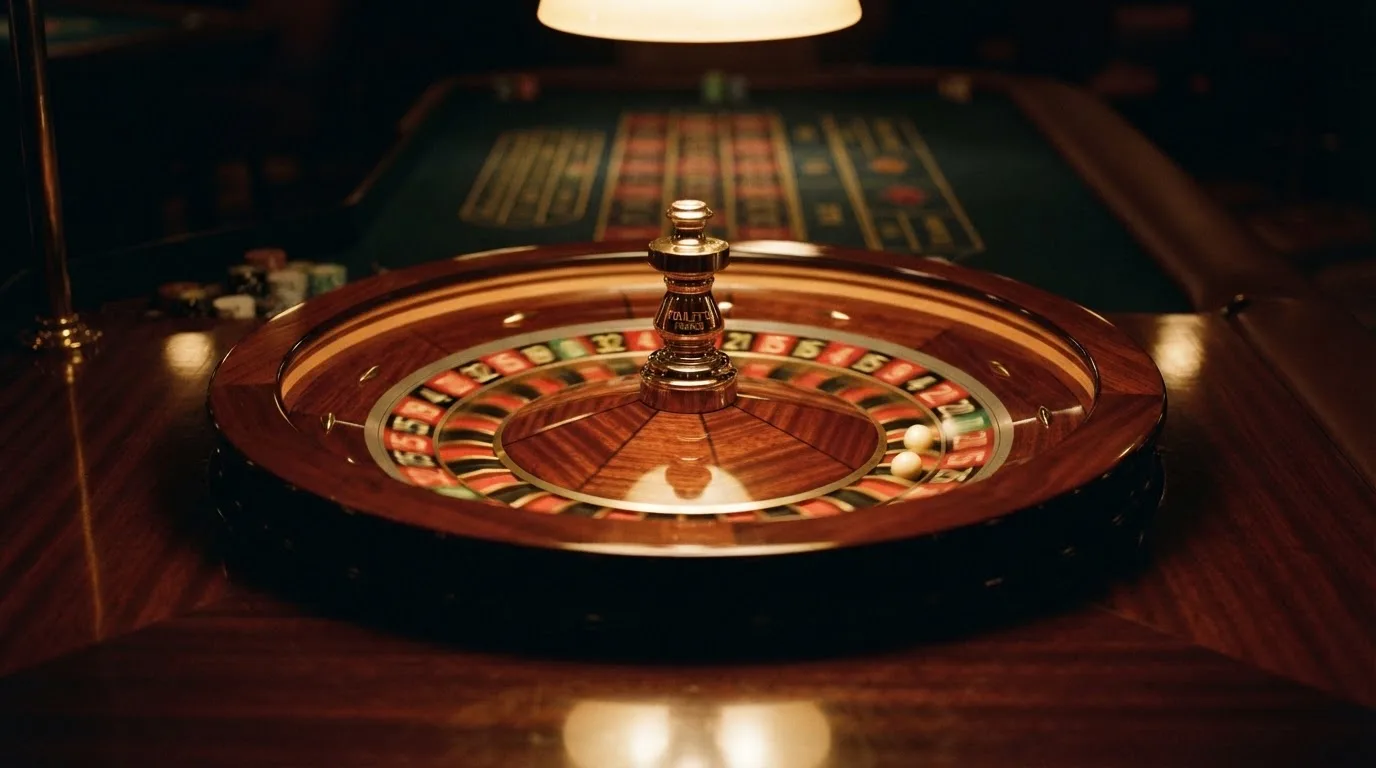 Ett roulettehjul snurrar på ett blankt träbord, den vita kulan glimmar i takljusets guld — svenska casinon med payz