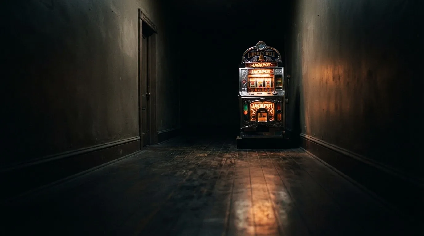 En gammal spelautomat lyser i den dunkla hallen och speglar sig i golvet — svenska casinon med siru