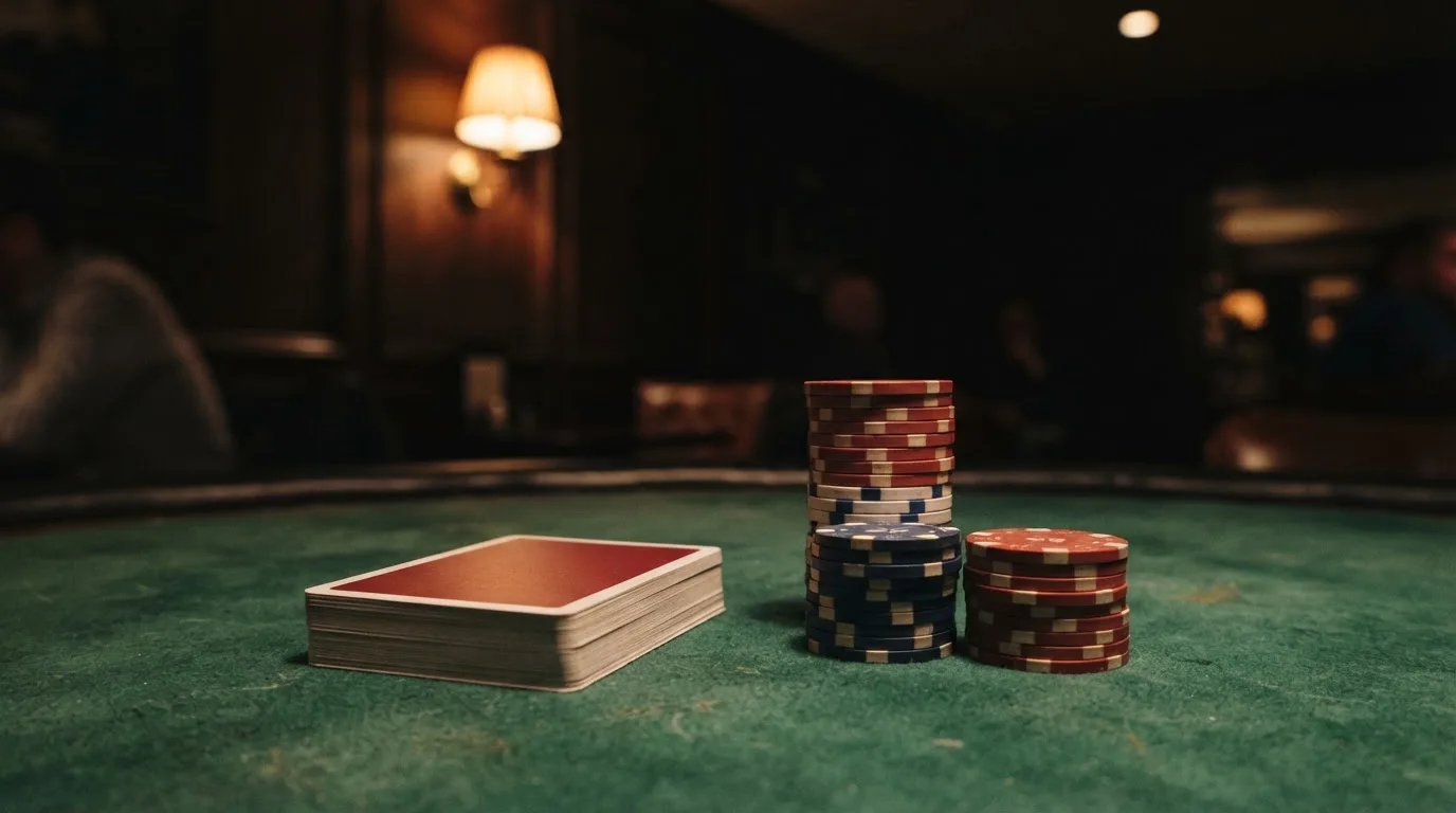 Kortlek och staplar av spelmarker på ett grönt filtbord i en dunkel salong, varmt lampsken — svenska casinon med skrill