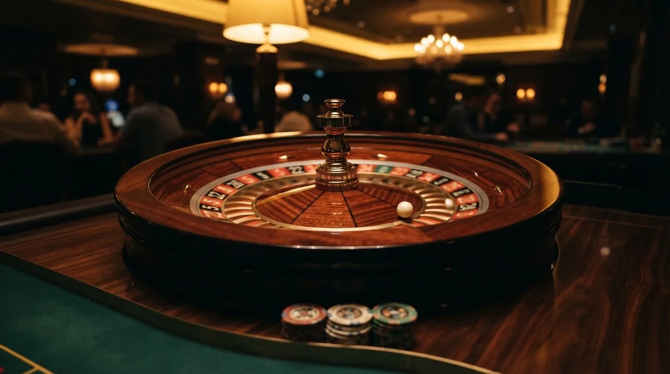 Ett roulettehjul snurrar på ett blankt träbord, den vita kulan glimmar i takljusets guld — svenska casinon med sms betalning