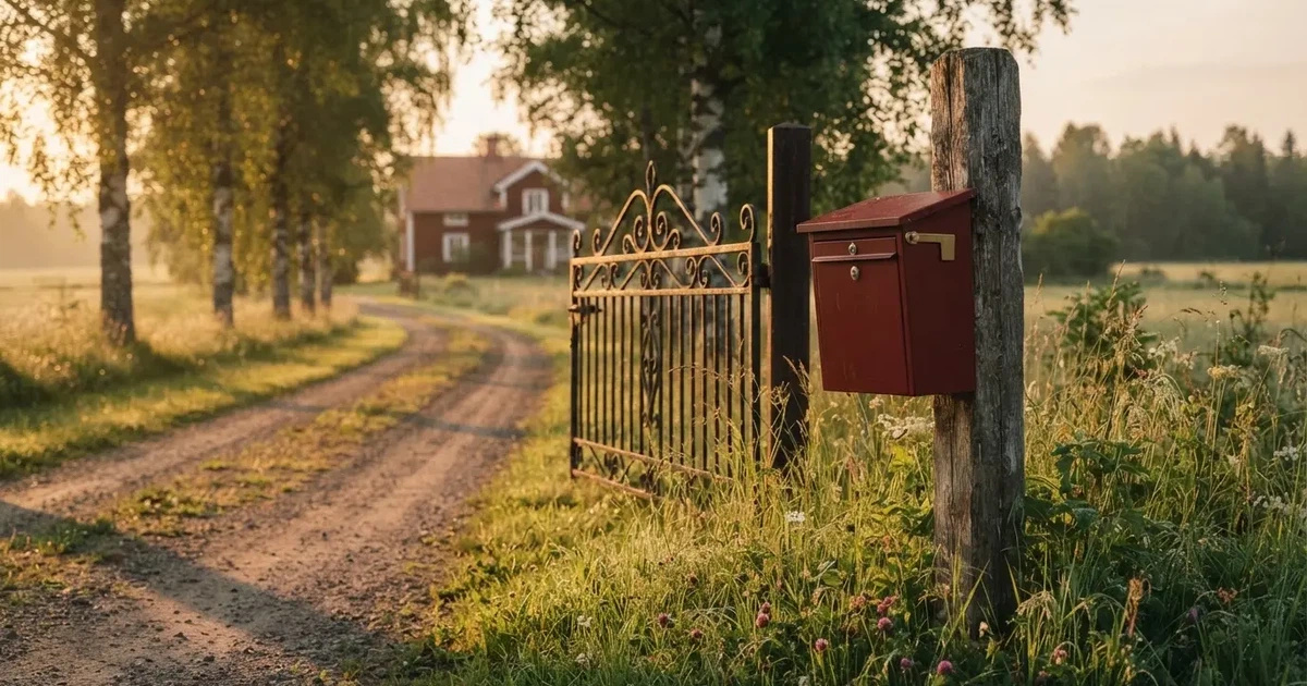 En röd brevlåda vid grinden till en lantgård en sommarkväll, daggigt gräs och långa skuggor — svenska casinon med sms betalning