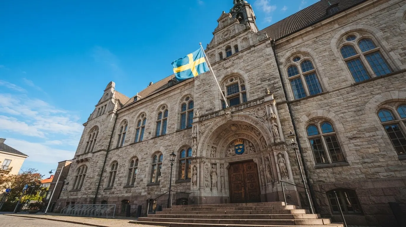 Ett gammalt stadshus i sten fotograferat underifrån mot en klarblå himmel, med den svenska flaggan som fladdrar ovanför entrén.