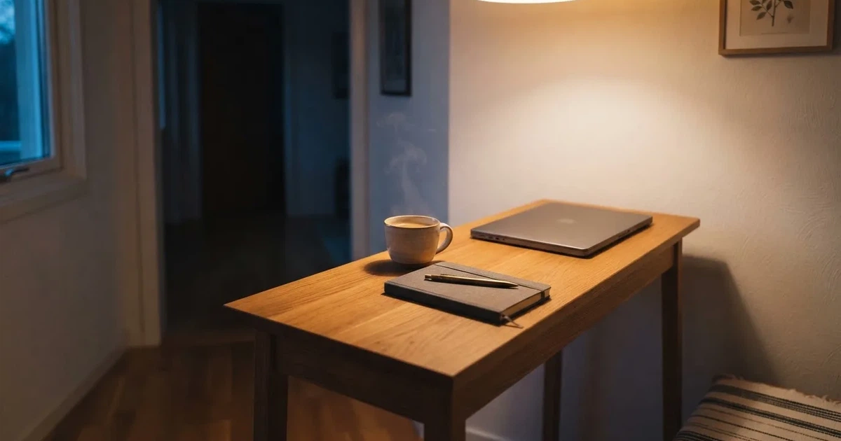 Kaffekopp och penna på ett smalt hallbord i skymning, en stängd bärbar dator vid sidan — svenska casinon med swish