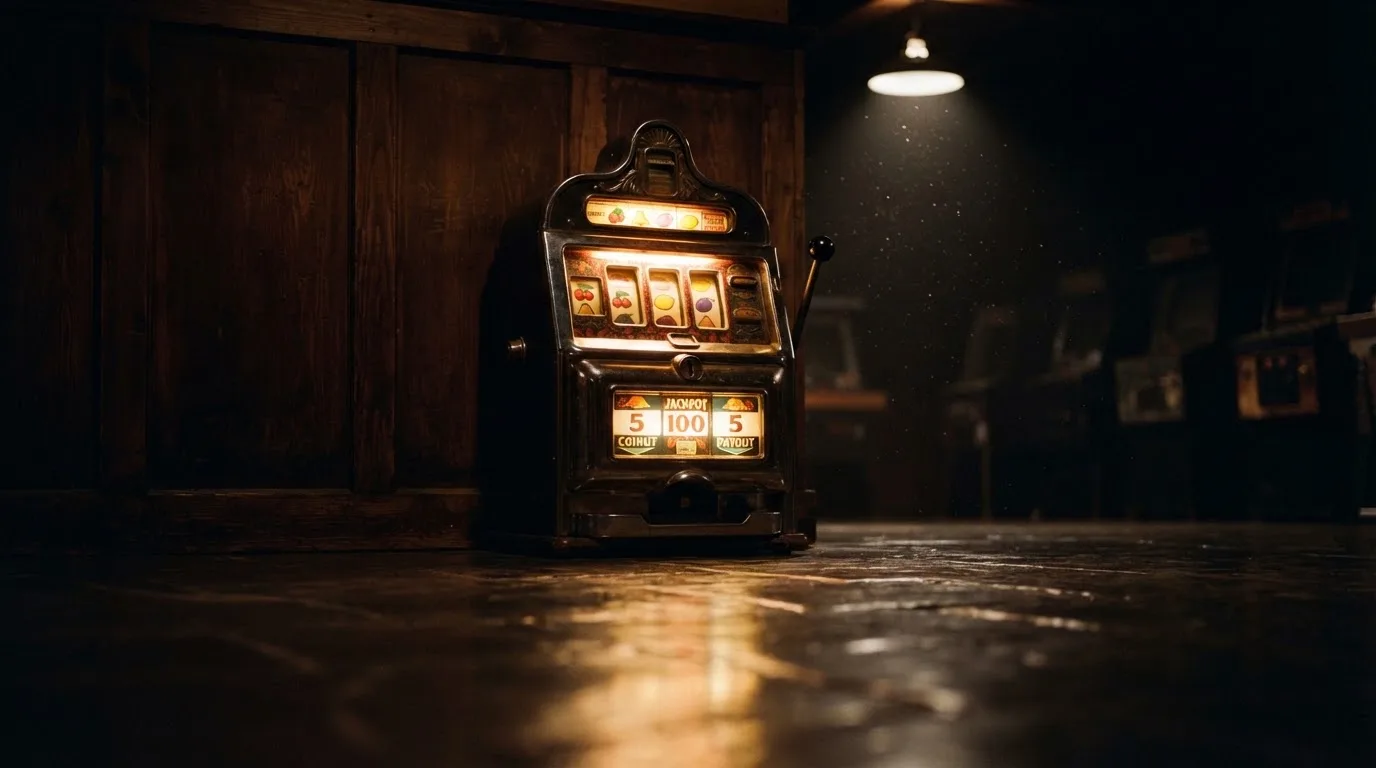 En gammal spelautomat lyser i den dunkla hallen och speglar sig i golvet — svenska casinon med tron