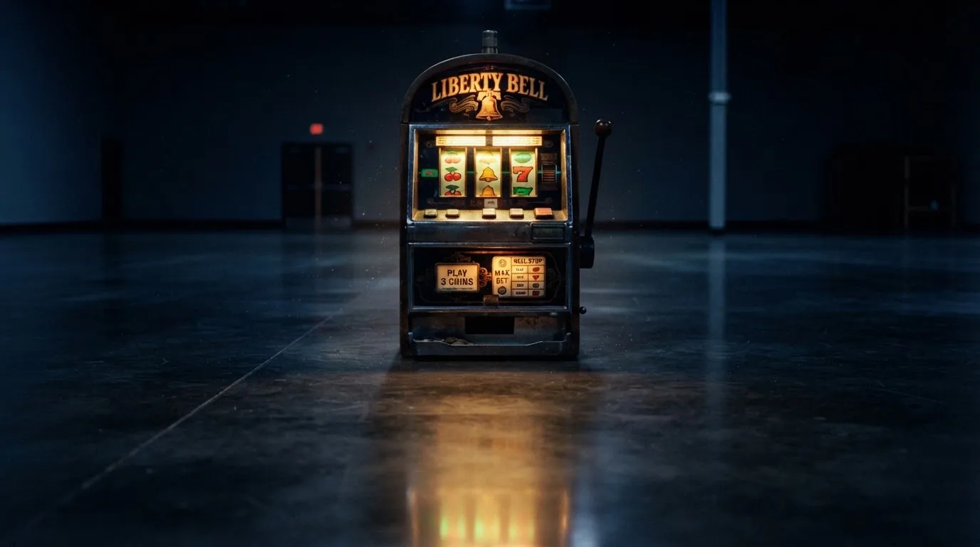 En gammal spelautomat lyser i den dunkla hallen och speglar sig i golvet — svenska casinon med visa