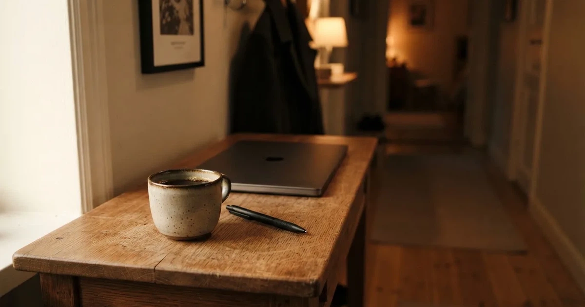 Kaffekopp och penna på ett smalt hallbord i skymning, en stängd bärbar dator vid sidan — svenska casinon med visa