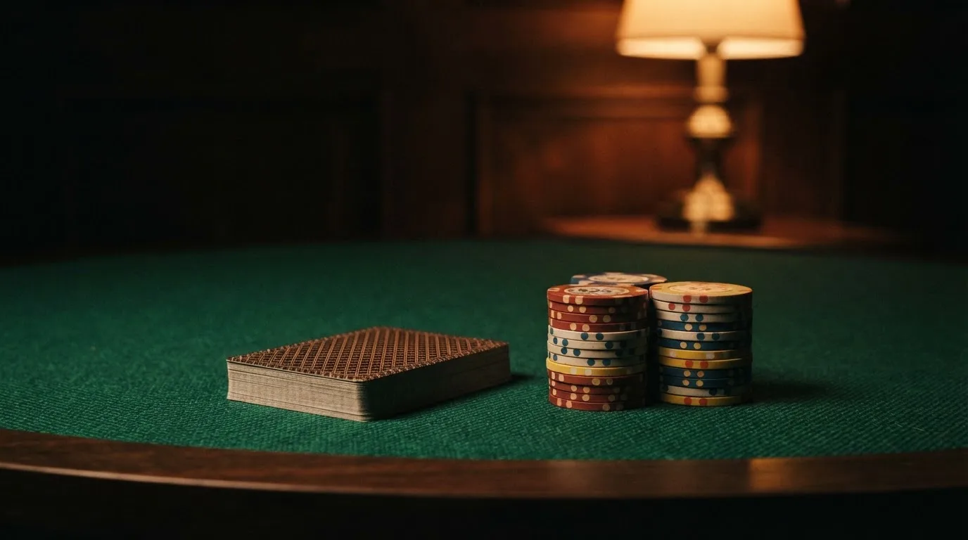 Kortlek och staplar av spelmarker på ett grönt filtbord i en dunkel salong, varmt lampsken — svenska casinon med zimpler