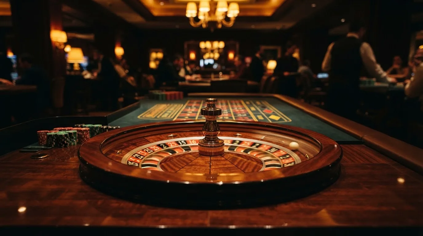 Ett roulettehjul snurrar på ett blankt träbord, den vita kulan glimmar i takljusets guld — svenska casinon på android